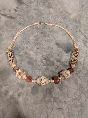 Vintage Tribal Bone And Agate Necklace - Hand Carved Beads Afrohemian 70s